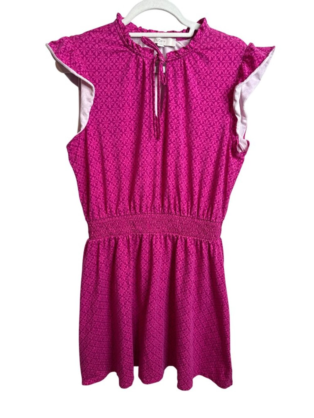 LOFT Women's Pink Eyelet Fit & Flare Dress Sleeveless Ruffle Cottagecore